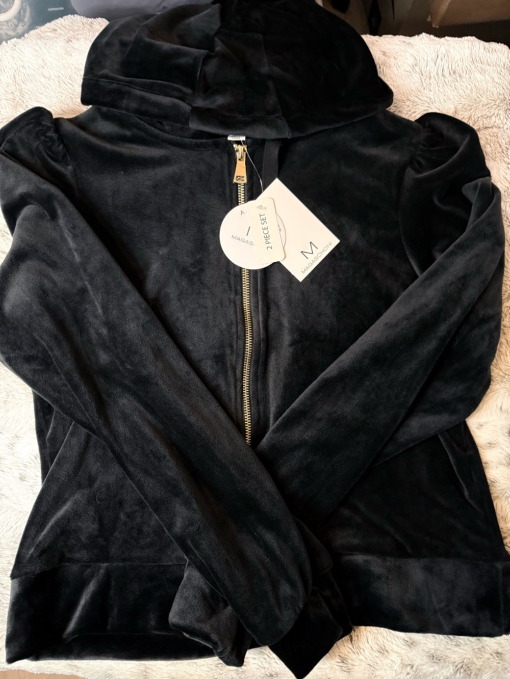 Magaschoni Black Velvet Zip-Up Hoodie with Hood and pants set